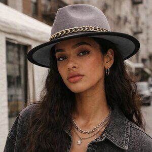 Ombre Grey Black Fedora Felt Hat for Women with Gold Chain